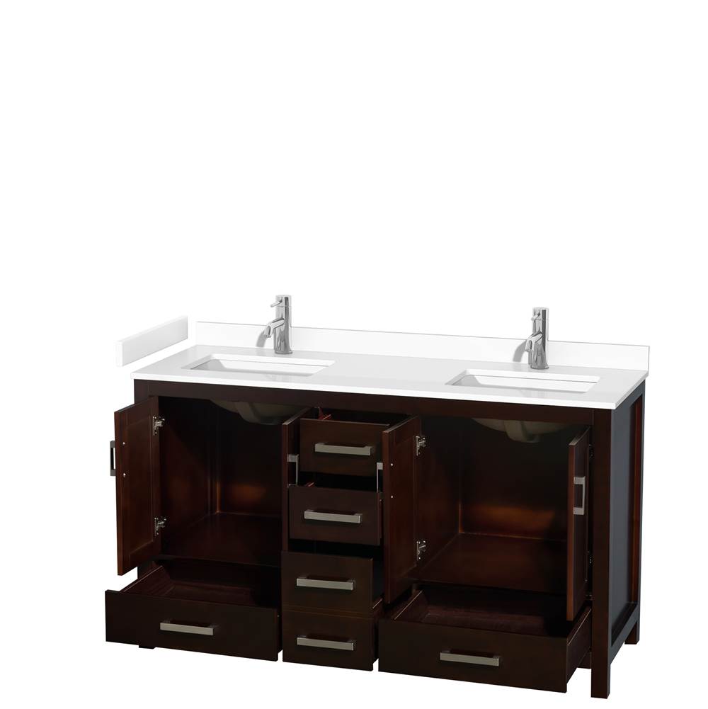 Sheffield 60 Inch Double Bathroom Vanity in Espresso, White Cultured Marble Countertop, Undermount Square Sinks, No Mirror