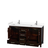Sheffield 60 Inch Double Bathroom Vanity in Espresso, White Cultured Marble Countertop, Undermount Square Sinks, No Mirror