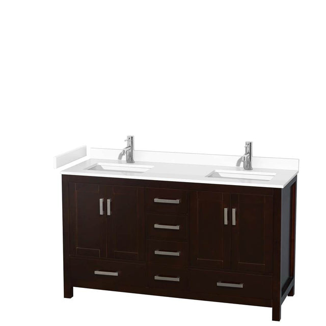 Wyndham Collection - Sheffield 60 Inch Double Bathroom Vanity in Espresso, White Cultured Marble Countertop, Undermount Square Sinks, No Mirror