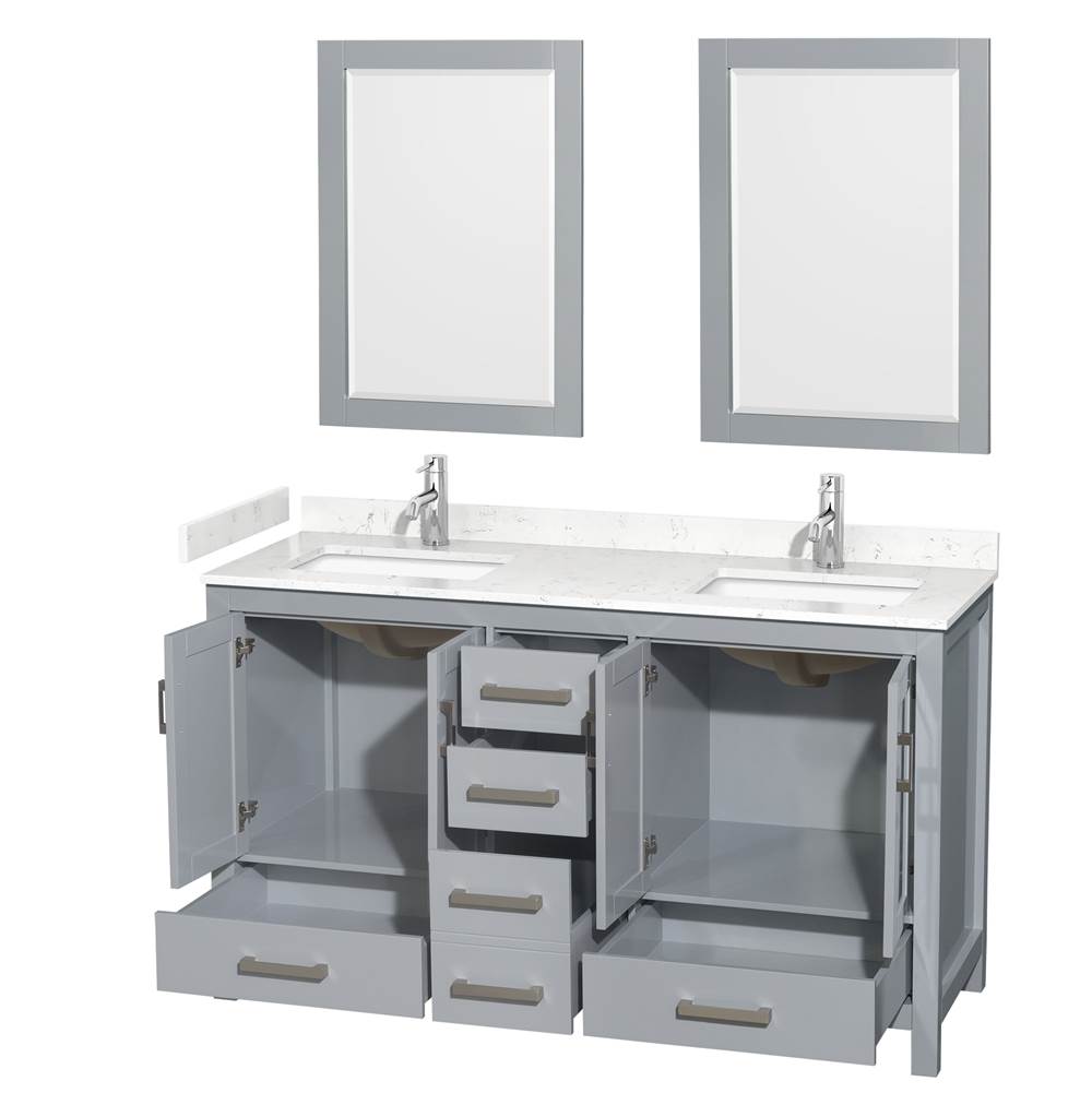 Sheffield 60 Inch Double Bathroom Vanity in Gray, Carrara Cultured Marble Countertop, Undermount Square Sinks, 24 Inch Mirrors