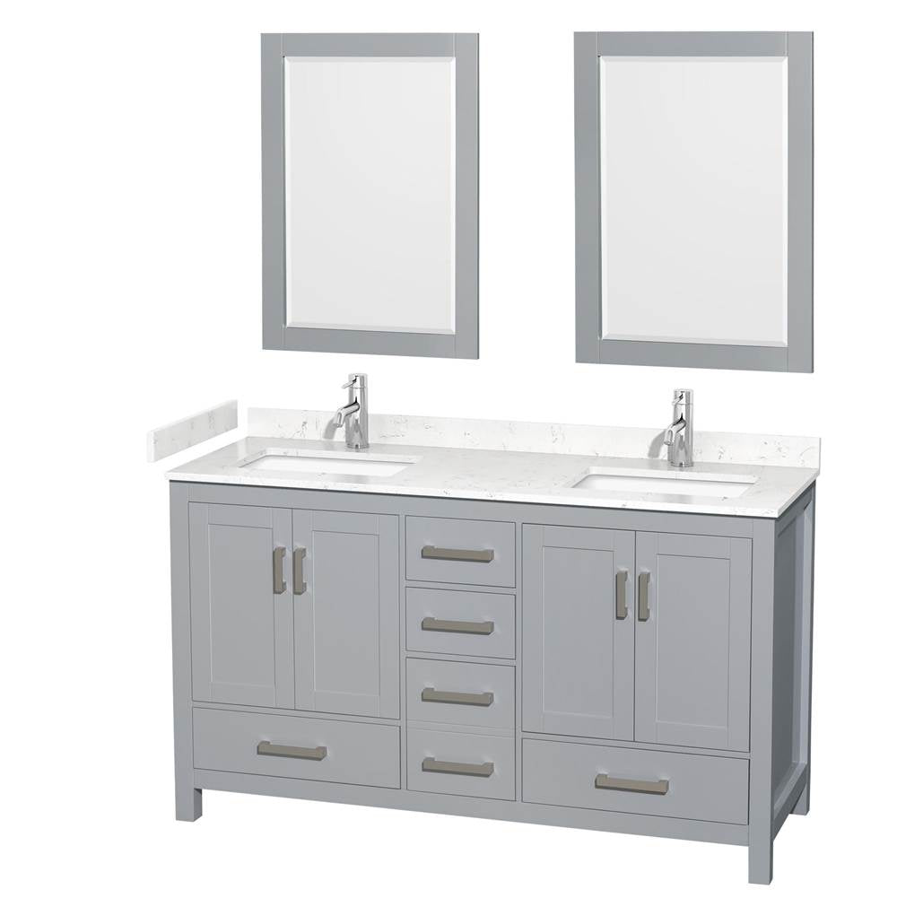 Wyndham Collection - Sheffield 60 Inch Double Bathroom Vanity in Gray, Carrara Cultured Marble Countertop, Undermount Square Sinks, 24 Inch Mirrors