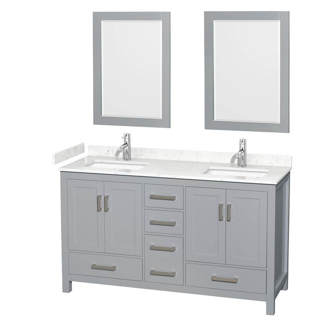 Wyndham Collection - Sheffield 60 Inch Double Bathroom Vanity in Gray, Carrara Cultured Marble Countertop, Undermount Square Sinks, 24 Inch Mirrors