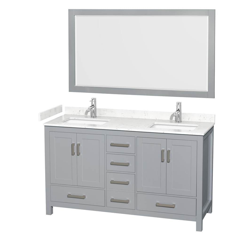 Wyndham Collection - Sheffield 60 Inch Double Bathroom Vanity in Gray, Carrara Cultured Marble Countertop, Undermount Square Sinks, 58 Inch Mirror