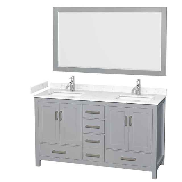 Wyndham Collection - Sheffield 60 Inch Double Bathroom Vanity in Gray, Carrara Cultured Marble Countertop, Undermount Square Sinks, 58 Inch Mirror
