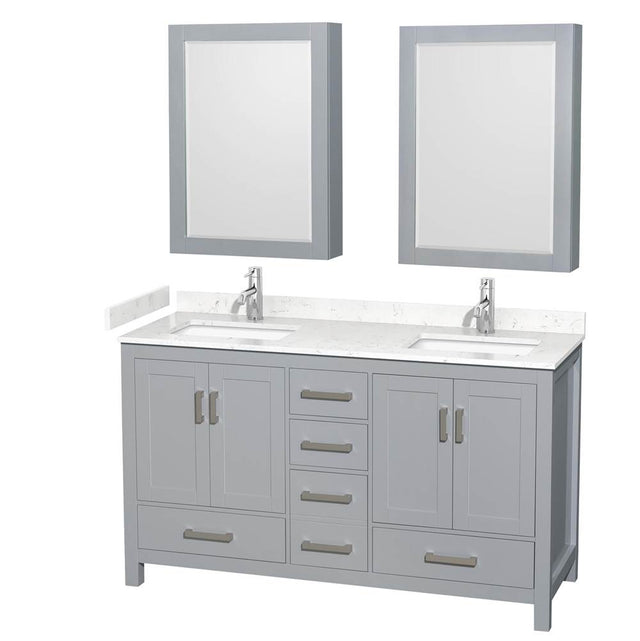 Wyndham Collection - Sheffield 60 Inch Double Bathroom Vanity in Gray, Carrara Cultured Marble Countertop, Undermount Square Sinks, Medicine Cabinets