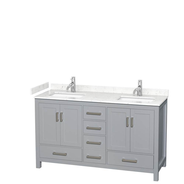 Wyndham Collection - Sheffield 60 Inch Double Bathroom Vanity in Gray, Carrara Cultured Marble Countertop, Undermount Square Sinks, No Mirror