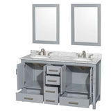 Sheffield 60 Inch Double Bathroom Vanity in Espresso, White Carrara Marble Countertop, Undermount Oval Sinks, and 24 Inch Mirrors