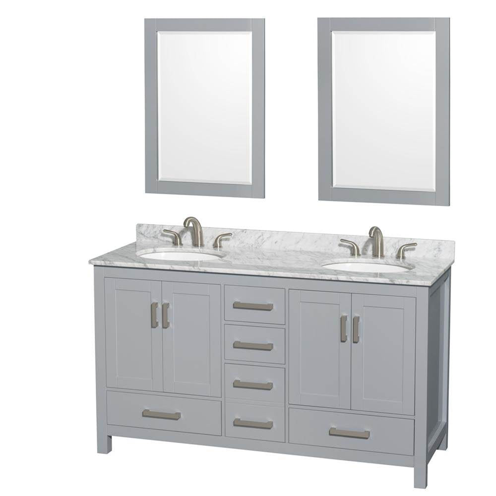 Wyndham Collection - Sheffield 60 Inch Double Bathroom Vanity in Gray, White Carrara Marble Countertop, Undermount Oval Sinks, and 24 Inch Mirrors - Gray
