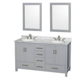 Wyndham Collection - Sheffield 60 Inch Double Bathroom Vanity in Gray, White Carrara Marble Countertop, Undermount Oval Sinks, and 24 Inch Mirrors - Gray