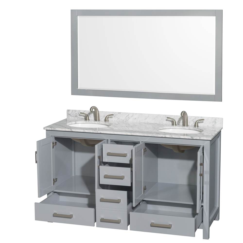 Sheffield 60 Inch Double Bathroom Vanity in Espresso, White Carrara Marble Countertop, Undermount Oval Sinks, and 58 Inch Mirror