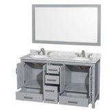 Sheffield 60 Inch Double Bathroom Vanity in Espresso, White Carrara Marble Countertop, Undermount Oval Sinks, and 58 Inch Mirror