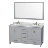 Wyndham Collection - Sheffield 60 Inch Double Bathroom Vanity in Gray, White Carrara Marble Countertop, Undermount Oval Sinks, and 58 Inch Mirror - Gray
