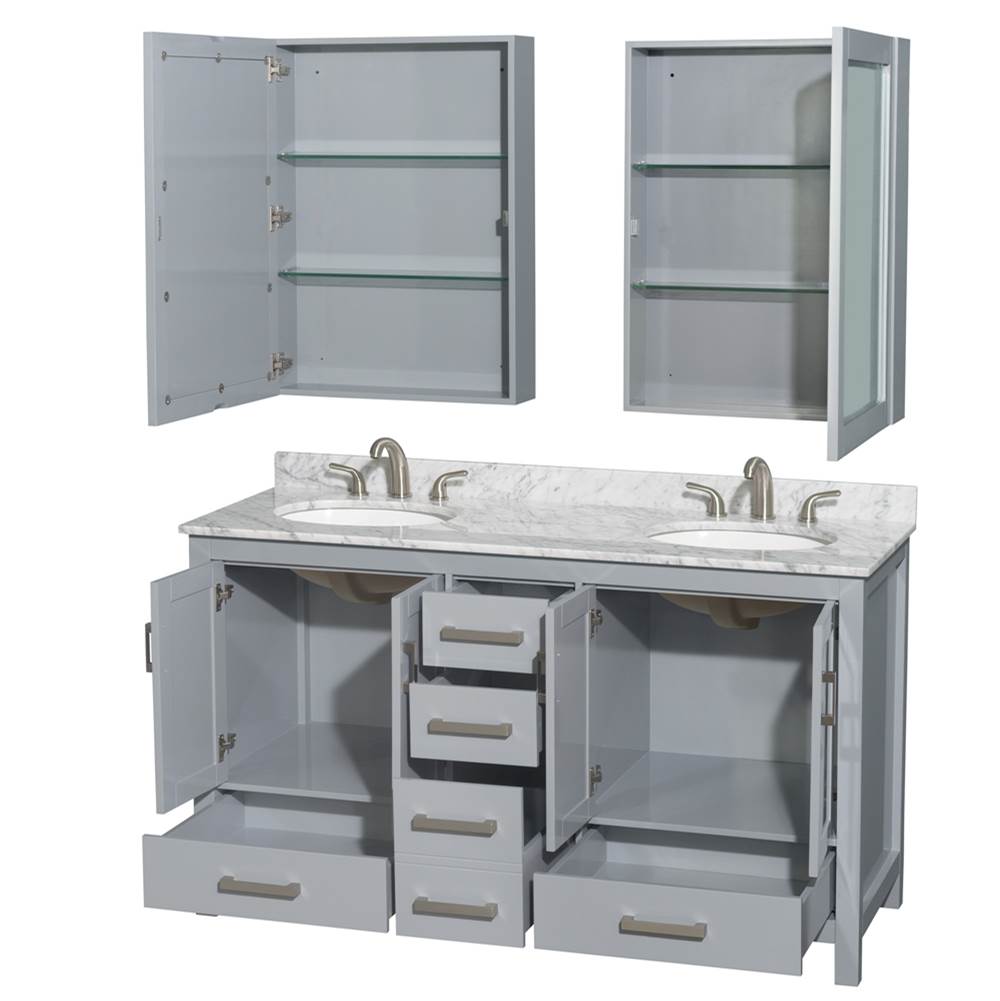 Sheffield 60 Inch Double Bathroom Vanity in Espresso, White Carrara Marble Countertop, Undermount Oval Sinks, and Medicine Cabinets