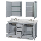 Sheffield 60 Inch Double Bathroom Vanity in Espresso, White Carrara Marble Countertop, Undermount Oval Sinks, and Medicine Cabinets