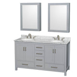Wyndham Collection - Sheffield 60 Inch Double Bathroom Vanity in Gray, White Carrara Marble Countertop, Undermount Oval Sinks, and Medicine Cabinets - Gray
