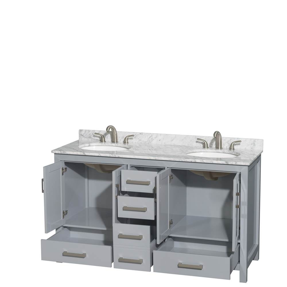 Sheffield 60 Inch Double Bathroom Vanity in Espresso, White Carrara Marble Countertop, Undermount Oval Sinks, and No Mirror