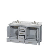 Sheffield 60 Inch Double Bathroom Vanity in Espresso, White Carrara Marble Countertop, Undermount Oval Sinks, and No Mirror