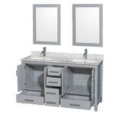 Sheffield 60 Inch Double Bathroom Vanity in Espresso, White Carrara Marble Countertop, Undermount Square Sinks, and 24 Inch Mirrors