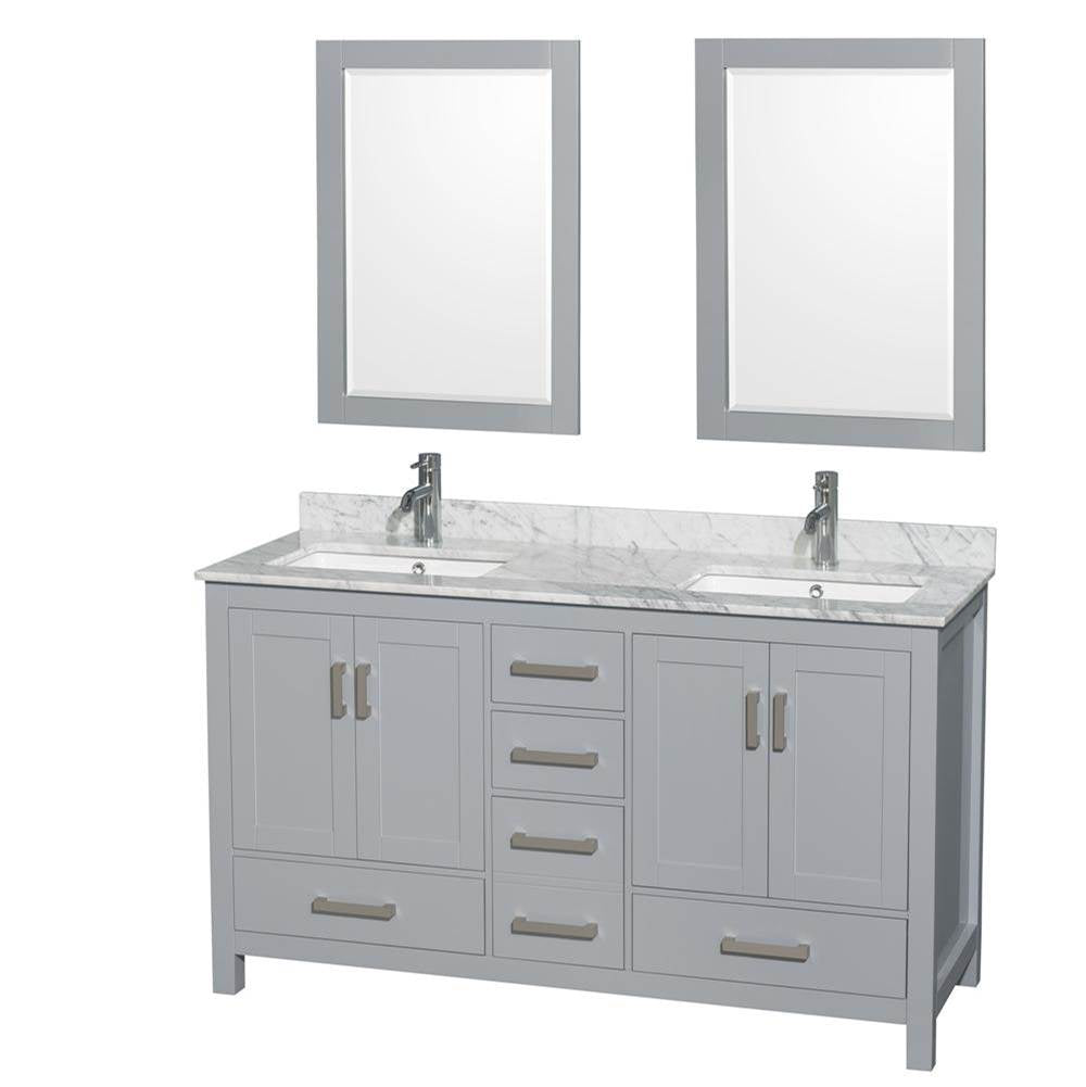 Wyndham Collection - Sheffield 60 Inch Double Bathroom Vanity in Gray, White Carrara Marble Countertop, Undermount Square Sinks, and 24 Inch Mirrors - Gray