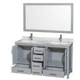 Sheffield 60 Inch Double Bathroom Vanity in Espresso, White Carrara Marble Countertop, Undermount Square Sinks, and 58 Inch Mirror