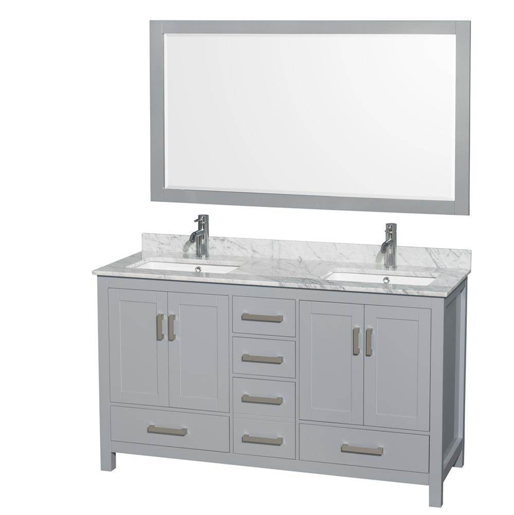 Wyndham Collection - Sheffield 60 Inch Double Bathroom Vanity in Gray, White Carrara Marble Countertop, Undermount Square Sinks, and 58 Inch Mirror - Gray