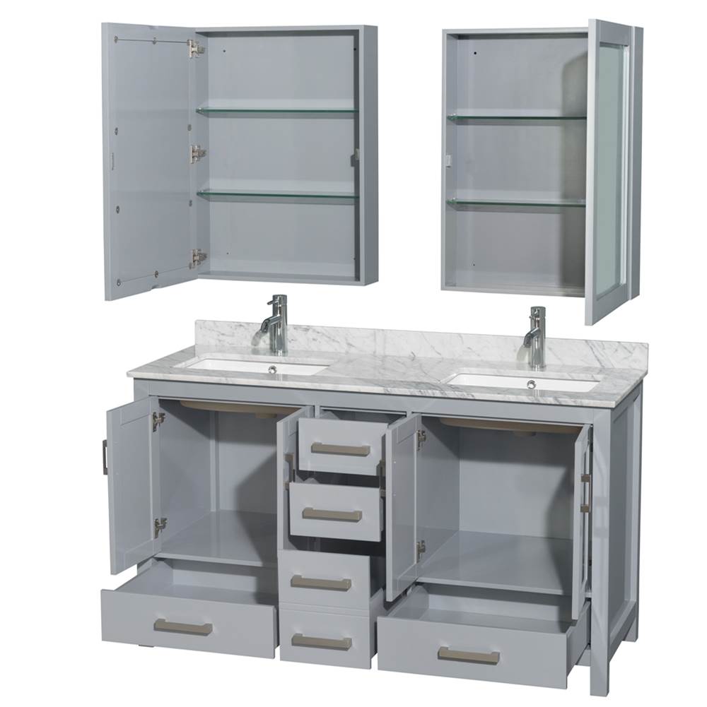 Sheffield 60 Inch Double Bathroom Vanity in Espresso, White Carrara Marble Countertop, Undermount Square Sinks, and Medicine Cabinets