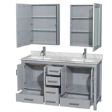Sheffield 60 Inch Double Bathroom Vanity in Espresso, White Carrara Marble Countertop, Undermount Square Sinks, and Medicine Cabinets