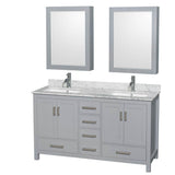 Wyndham Collection - Sheffield 60 Inch Double Bathroom Vanity in Gray, White Carrara Marble Countertop, Undermount Square Sinks, and Medicine Cabinets - Gray