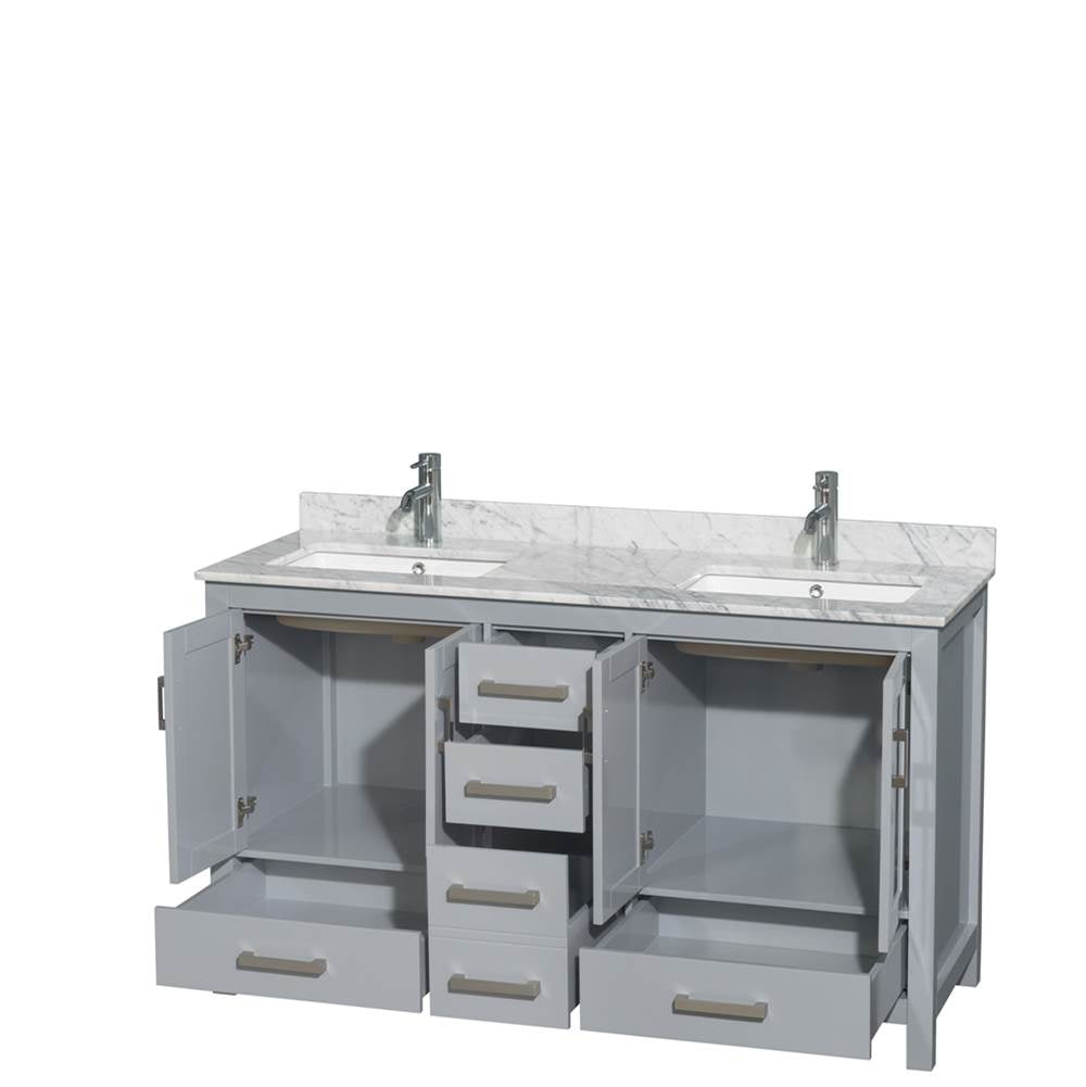 Sheffield 60 Inch Double Bathroom Vanity in Espresso, White Carrara Marble Countertop, Undermount Square Sinks, and No Mirror