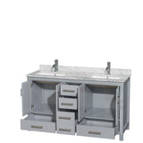 Sheffield 60 Inch Double Bathroom Vanity in Espresso, White Carrara Marble Countertop, Undermount Square Sinks, and No Mirror