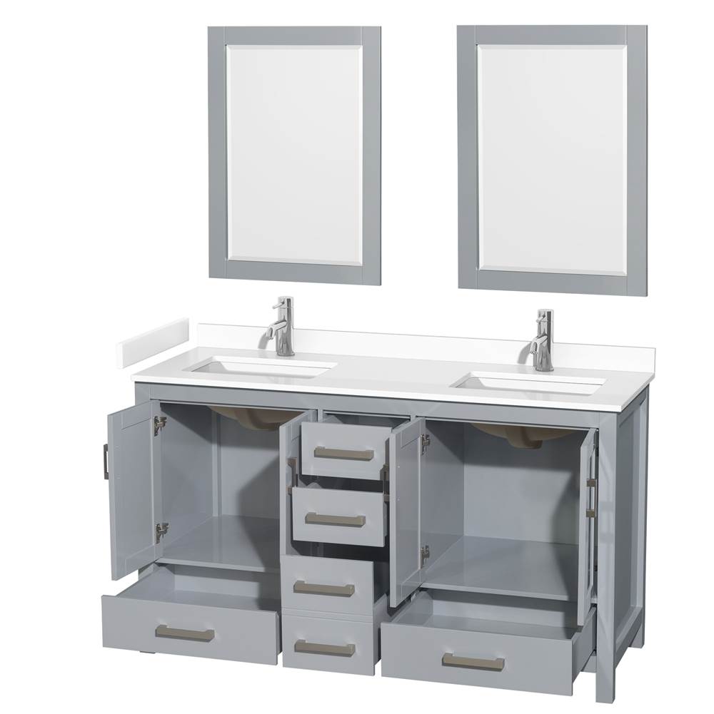 Sheffield 60 Inch Double Bathroom Vanity in Gray, White Cultured Marble Countertop, Undermount Square Sinks, 24 Inch Mirrors