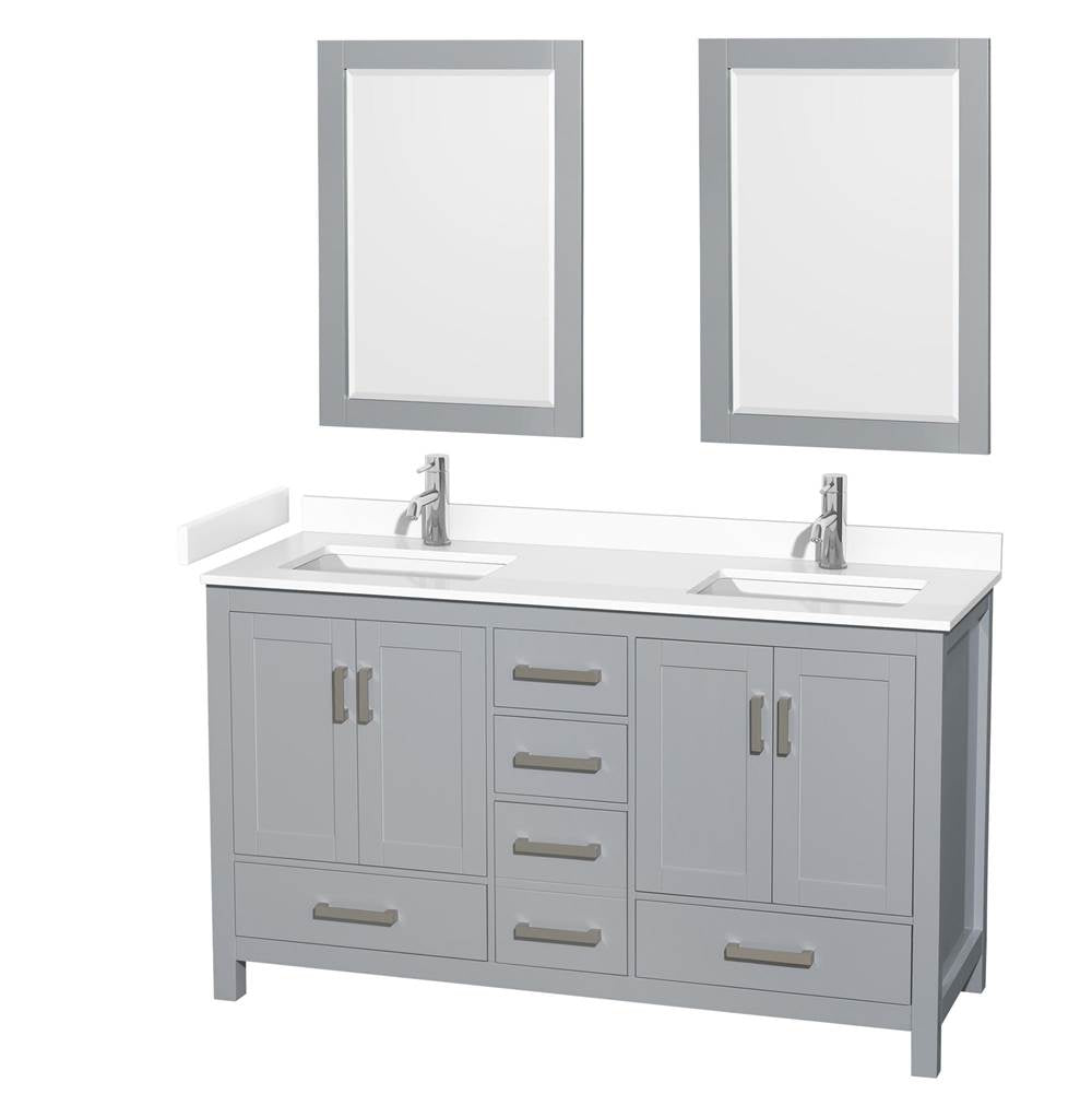 Wyndham Collection - Sheffield 60 Inch Double Bathroom Vanity in Gray, White Cultured Marble Countertop, Undermount Square Sinks, 24 Inch Mirrors