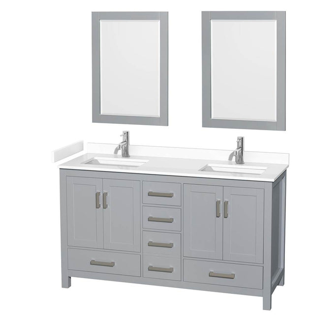 Wyndham Collection - Sheffield 60 Inch Double Bathroom Vanity in Gray, White Cultured Marble Countertop, Undermount Square Sinks, 24 Inch Mirrors