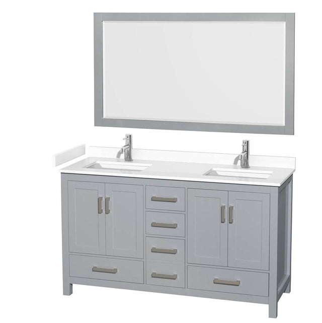 Wyndham Collection - Sheffield 60 Inch Double Bathroom Vanity in Gray, White Cultured Marble Countertop, Undermount Square Sinks, 58 Inch Mirror
