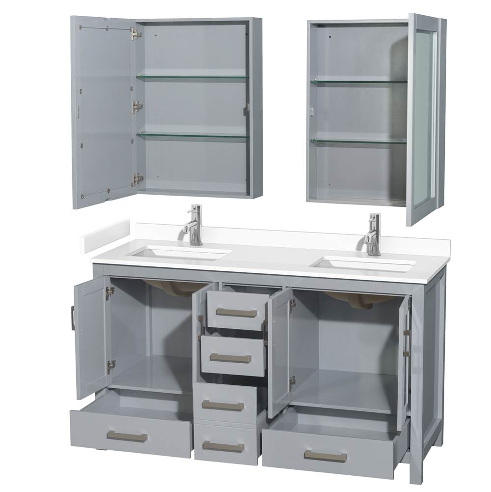 Sheffield 60 Inch Double Bathroom Vanity in Gray, White Cultured Marble Countertop, Undermount Square Sinks, Medicine Cabinets