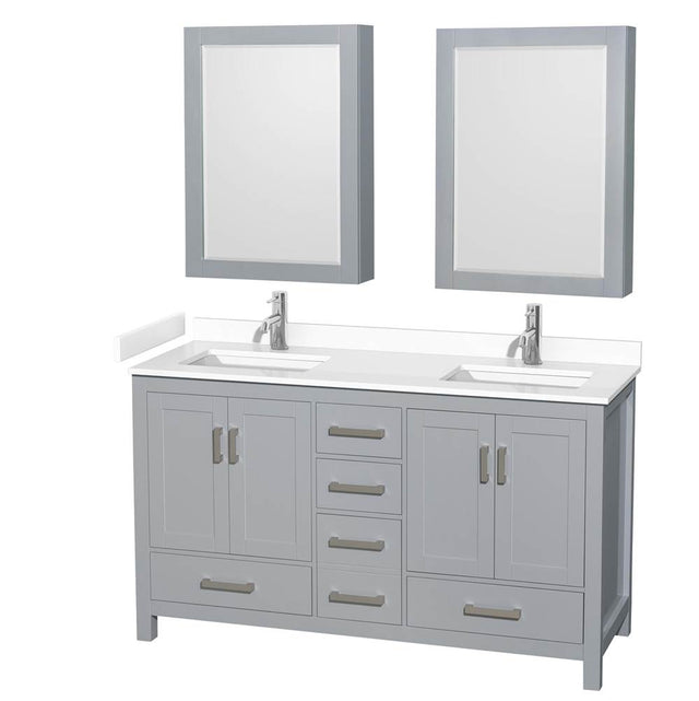 Wyndham Collection - Sheffield 60 Inch Double Bathroom Vanity in Gray, White Cultured Marble Countertop, Undermount Square Sinks, Medicine Cabinets