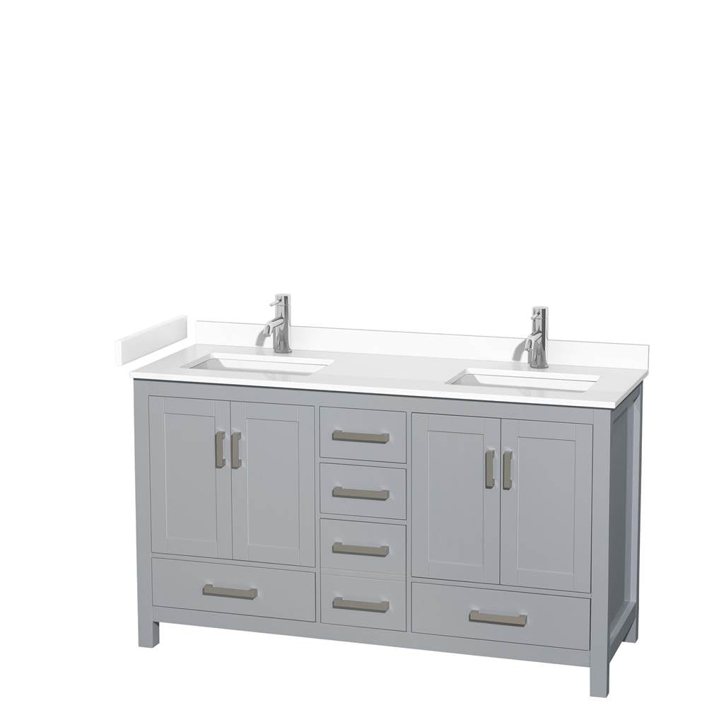 Wyndham Collection - Sheffield 60 Inch Double Bathroom Vanity in Gray, White Cultured Marble Countertop, Undermount Square Sinks, No Mirror