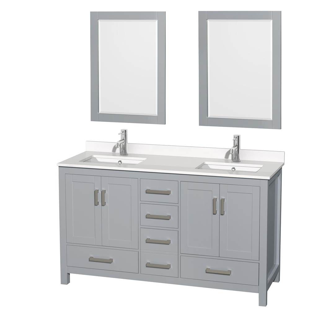 Wyndham Collection - Sheffield 60 Inch Double Bathroom Vanity in Gray, White Quartz Countertop, Undermount Square Sinks, 24 Inch Mirrors - Gray