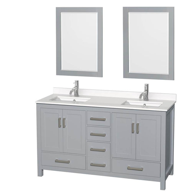 Wyndham Collection - Sheffield 60 Inch Double Bathroom Vanity in Gray, White Quartz Countertop, Undermount Square Sinks, 24 Inch Mirrors - Gray