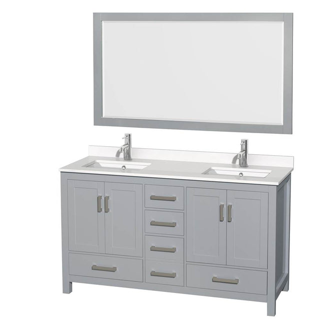 Wyndham Collection - Sheffield 60 Inch Double Bathroom Vanity in Gray, White Quartz Countertop, Undermount Square Sinks, 58 Inch Mirror - Gray