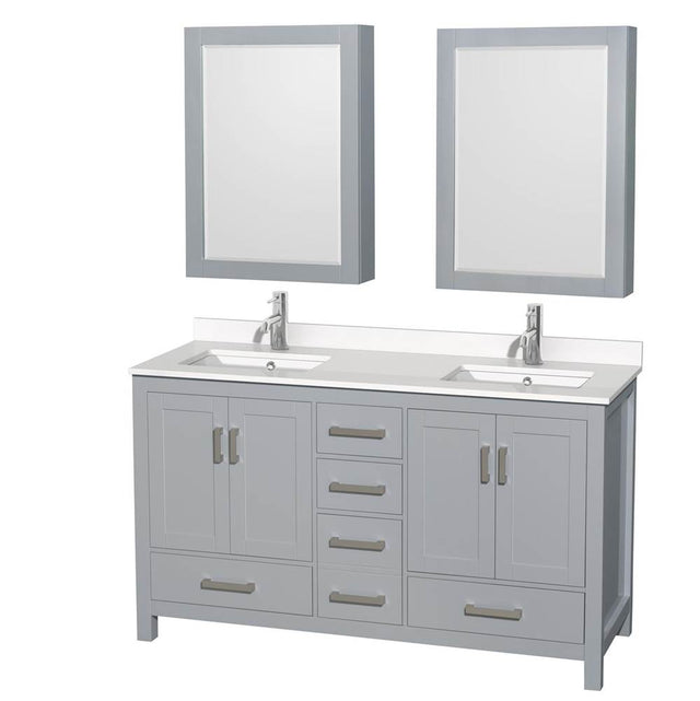 Wyndham Collection - Sheffield 60 Inch Double Bathroom Vanity in Gray, White Quartz Countertop, Undermount Square Sinks, Medicine Cabinets - Gray