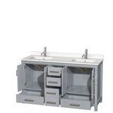 Sheffield 60 Inch Double Bathroom Vanity in Gray, White Quartz Countertop, Undermount Square Sinks, No Mirror