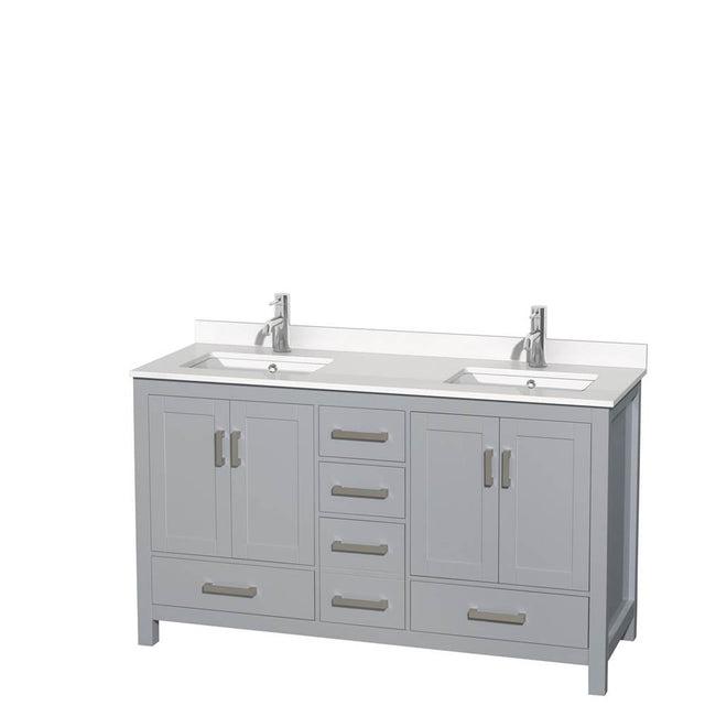 Wyndham Collection - Sheffield 60 Inch Double Bathroom Vanity in Gray, White Quartz Countertop, Undermount Square Sinks, No Mirror - Gray
