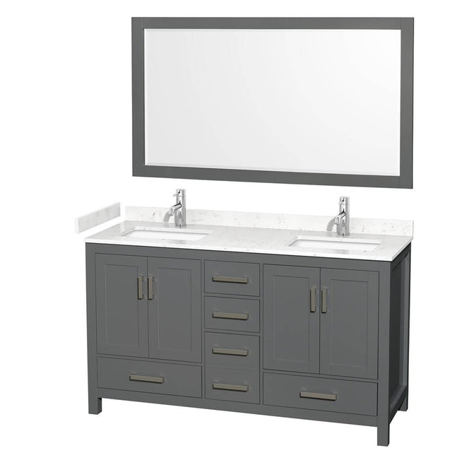 Wyndham Collection - Sheffield 60 Inch Double Bathroom Vanity in Dark Gray, Carrara Cultured Marble Countertop, Undermount Square Sinks, 58 Inch Mirror