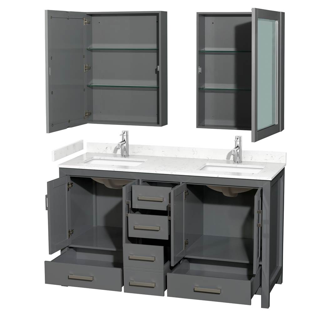 Sheffield 60 Inch Double Bathroom Vanity in Dark Gray, Carrara Cultured Marble Countertop, Undermount Square Sinks, Medicine Cabinets