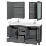 Sheffield 60 Inch Double Bathroom Vanity in Dark Gray, Carrara Cultured Marble Countertop, Undermount Square Sinks, Medicine Cabinets