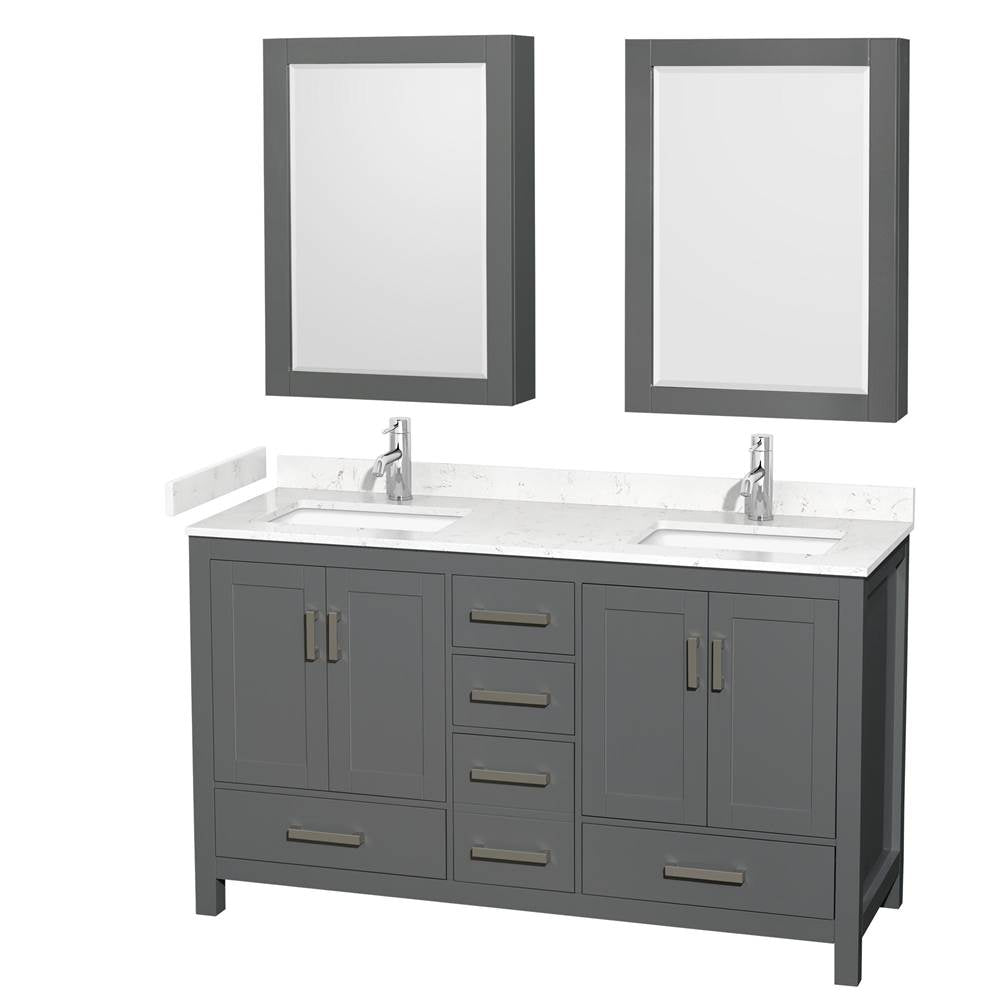 Wyndham Collection - Sheffield 60 Inch Double Bathroom Vanity in Dark Gray, Carrara Cultured Marble Countertop, Undermount Square Sinks, Medicine Cabinets