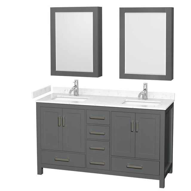 Wyndham Collection - Sheffield 60 Inch Double Bathroom Vanity in Dark Gray, Carrara Cultured Marble Countertop, Undermount Square Sinks, Medicine Cabinets