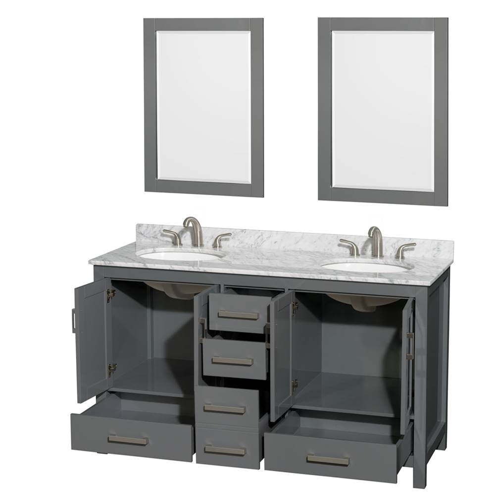 Sheffield 60 Inch Double Bathroom Vanity in Espresso, White Carrara Marble Countertop, Undermount Oval Sinks, and 24 Inch Mirrors