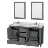 Sheffield 60 Inch Double Bathroom Vanity in Espresso, White Carrara Marble Countertop, Undermount Oval Sinks, and 24 Inch Mirrors